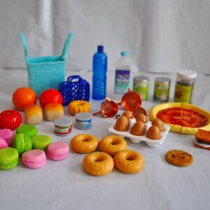 Lot of 43 Dollhouse mini Food Eggs Pizza Macaroons Fruits Bottles Cans Buns Bag